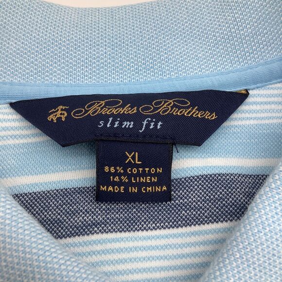 Brooks Brothers Mens Slim Fit Short Sleeve Linen Blend Polo Blue Striped Size XL - Picture 4 of 6